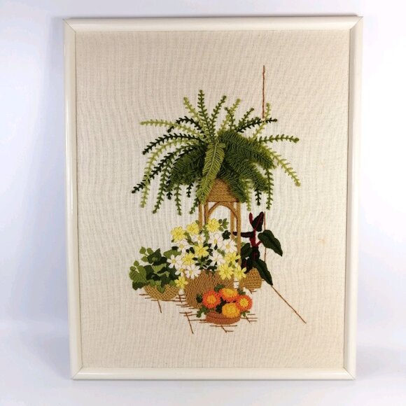 Vintage Finished Crewel Embroidery MCM 3D Fern Flowers Sunset 1975 16x20 Inches - Picture 2 of 11